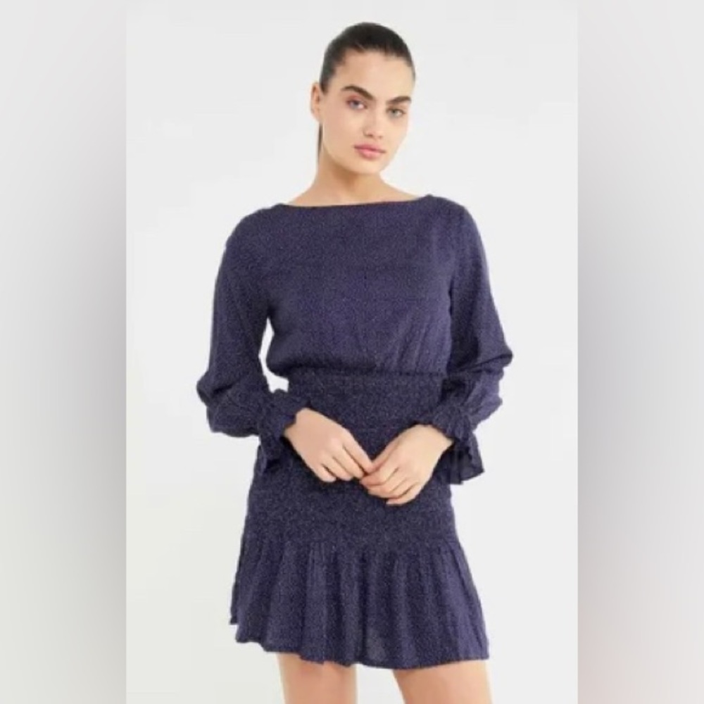 Urban Outfitters UO Leandra Dot Smocked Bell Long Sleeve Mini Dress